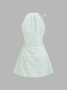 Sweetra Đầm chữ A xếp ly không tay màu hồng kẻ caro kiểu Sweet Girl Style, thắt nơ eo, thích hợp cho nữ mùa hè. - màu xanh lá - Xem 2