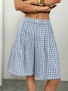 SHEIN PETITE 女士宽松休闲格子七分裤，带口袋，适合春夏穿着 - 藍白色 - 查看 7