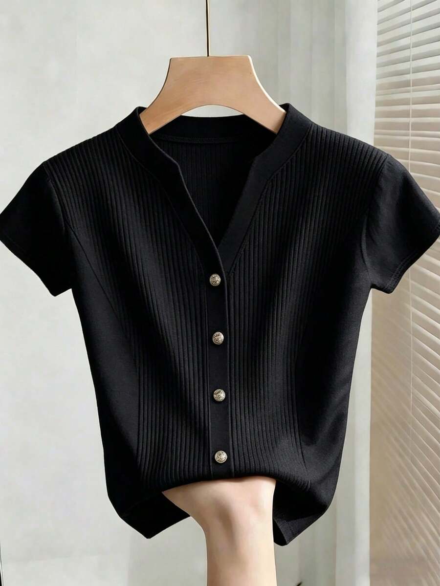 SHEIN Franclia 女士休闲纽扣罗纹短袖T恤 - 黑色 - 查看 1