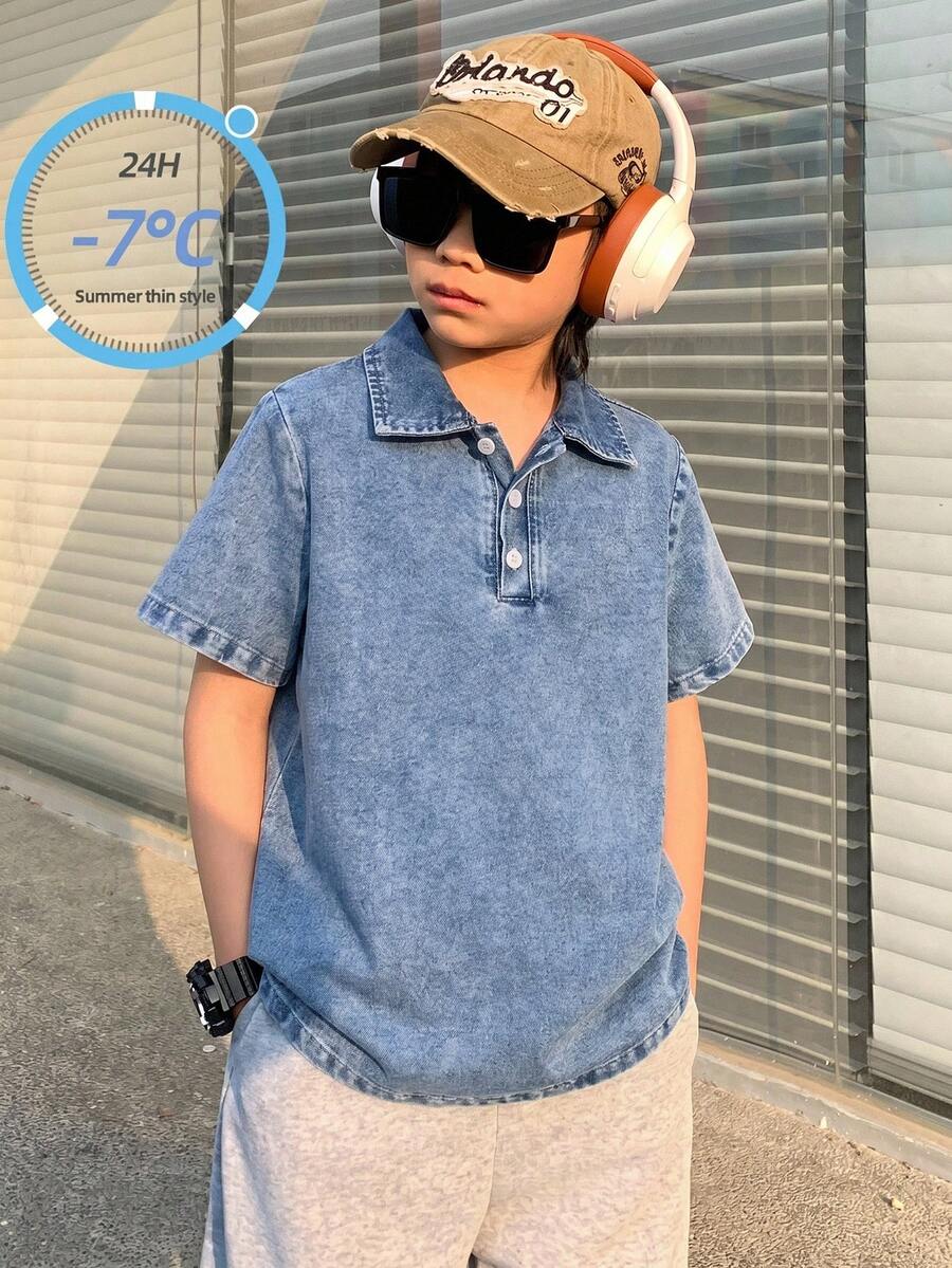 青少年男孩时尚休闲复古酷炫街头宽松舒适清爽蓝色牛仔宽松翻领半开襟短袖上衣，适合日常穿着以及春夏锐舞节和街头服饰。 - 藍色 - 查看 1