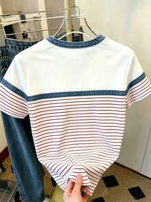 Resyla Women's Fashion Round Neck T-Shirt With Denim Striped Print - Multicolor - View 2
