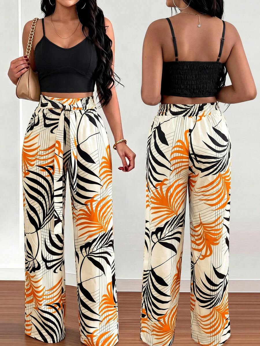 Silhoulove 2 peças/Conjunto Regata Feminina com Estampa Floral e Calça Pantalona com Cintura Elástica e Amarração na Frente - Multicolorido - Visão 1