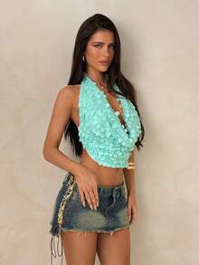 SHEIN ICON Damen Pailletten Patchwork Neckholder Rückenfrei Sexy Vielseitiges Top für Dates & Ausflüge - Minzgrün - Übersicht 4