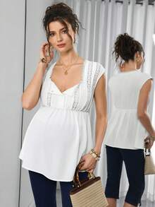 SHEIN White Everyday French Square Collar Lace Patchwork Blouse,Ruffle Hem Fitted Top,Retro Gentle Vibe Commuter For Women,Maternity Photoshoot Summer - White - View 5