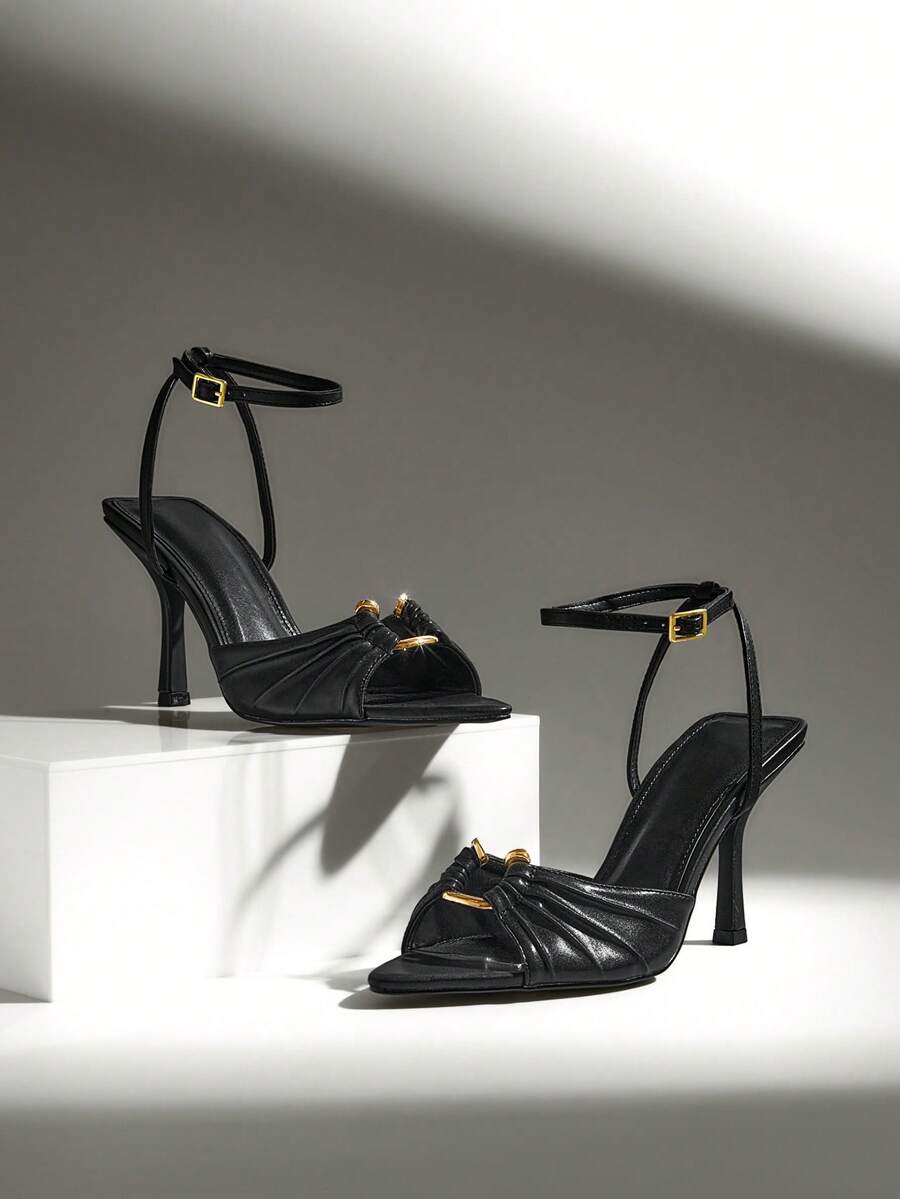 SHUZIA Giày sandal cao gót quai ngang tối giản gợi cảm dành cho nữ - màu đen - Xem 1