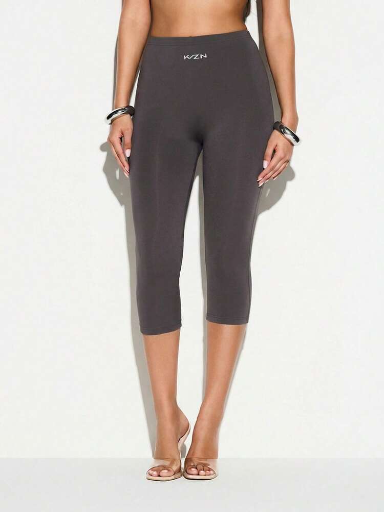 KIZN Legging Capri de Cintura Alta para Mulheres, Calça Cropped Cinza Elástica, Confortável e Casual para Uso Diário, Peça Básica de Roupa Inferior