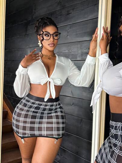 Fantasy Costume 3pcs Office LadyBoss Uniform Contrast Plaid Bodycon Skirt Patchwork Look Slimmer Charming Office Lady Bar Party Outerwear Plus Size Lingerie