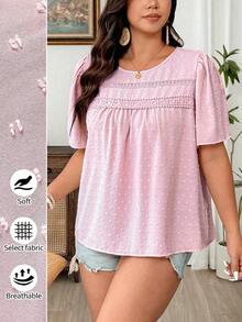 Weeklong Plus Size Women's New Elegant Casual Swiss Dot Textured Lace Trim Round Neck Puff Sleeve A-Line Blouse - Baby Pink - View 8