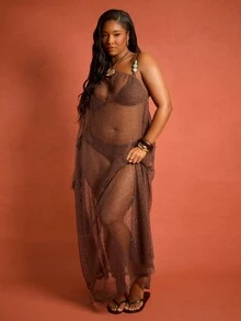 FASHION SZN Plus Size Halter Neck Trim Detail Crochet Maxi Beach Vacation Cover Up Summer Dress Bachelorette Hen Party Elegant Sexy Boho Ibiza Travel Galm - Brown - View 6