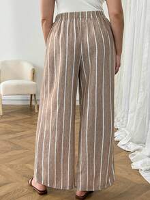 SHEIN LUNE Quần ống rộng kẻ sọc cỡ lớn kiểu dáng thường ngày - Màu Khaki - Xem 4