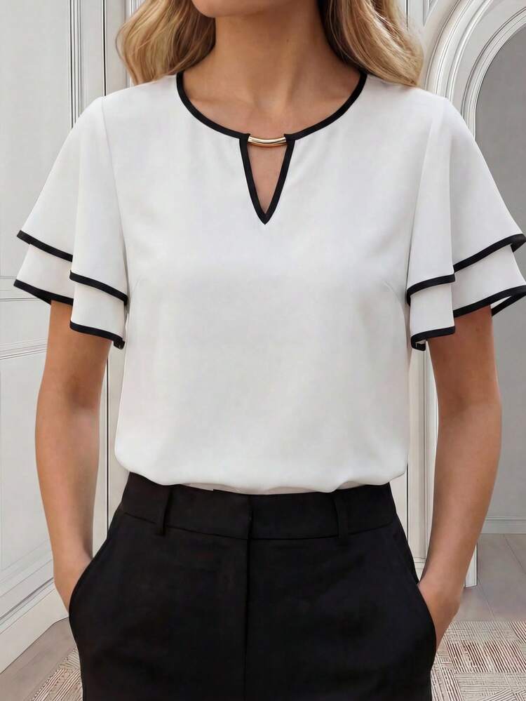 Elegant White Blouse For Women, Double Ruffle Sleeve Top With Black Trim And Metal Bar Detail, Casual Formal Office Party Going Out Shirt