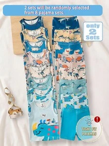 【随机2套】8件套紧身睡衣套装，男婴背心+短裤，可爱动物印花，如河马、海星、鲨鱼、小鸟、乌龟，适合喜欢动物的男童，家居服盲盒 - 彩色 - 查看 3
