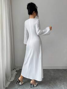 Modelyn White Autumn Elegant Date Dress For Women Square Neck Embroidered Fabric Patchwork Long Sleeve Cinched Waist Flared Midi Broderie Bride Filipiniana - White - View 2