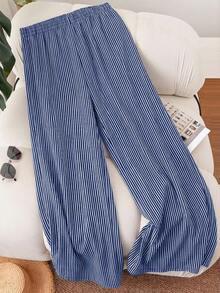 CosyJoli Plus Size Women Striped Drawstring Waist Pockets Casual Versatile Wide Leg Pants For Daily Wear - Multicolor - View 2