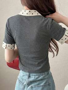 FRIFUL Women's Polka Dot Pattern Button Half Placket Short Sleeve Casual T-Shirt - Grey - View 4
