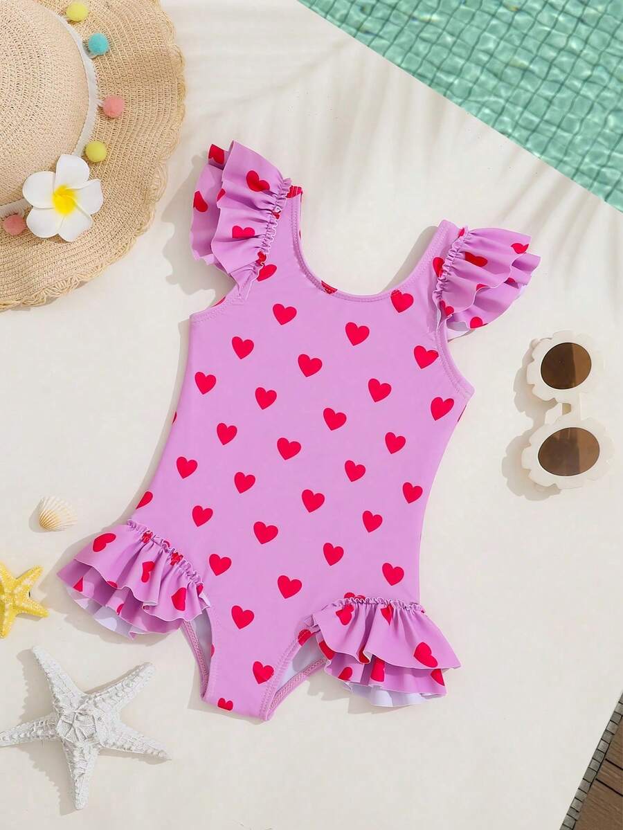 SHEIN Playful Pals 1件女婴心形舒适针织荷叶边连体泳衣,适合海滩、泳池、冲浪 - 彩色 - 查看 1