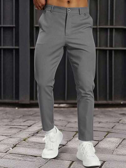 Manfinity Homme Men's Solid Color Trousers, Men's Slim Fit Dress Pants, Men's Stretchy Dress Pants, Men's Gray Pants