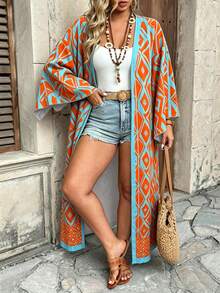Ceyna Plus Size Women's New Elegant Multi-Color Bohemian Style Colorful Paisley Pattern Open Front Long Sleeve Long Cardigan Outerwear Fall - Blue - View 2