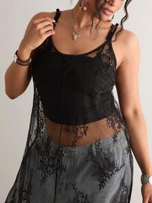 Freevana Plus Size Women's Black Lace Spaghetti Strap Dress,Sheer Elegant Summer Boho Long Dress,Music Festival Outfit,Night Out Club,Bohemian Western Style - Black - View 4