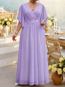 Fleurora Plus Size Lavender V Neck Butterfly Sleeve Maxi Dress For Wedding Guest Elegant Formal - Mauve Purple - View 5