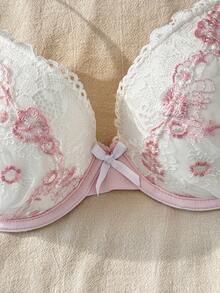 CottageSlumber Floral Embroidery 3/4 Cup Underwire Push-Up Bra With Bow,Lace Patchwork,Ruffle Trim,Ruched Hem,Sweet & Cute,Comfortable Ladies Lingerie - Pink - View 3