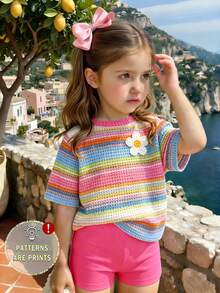 Spring And Summer Girls Casual Fashionable Creative Colorful Striped Floral Print T-Shirt And Bike Shorts Set, Comfortable Daily Wear - Multicolor - View 1