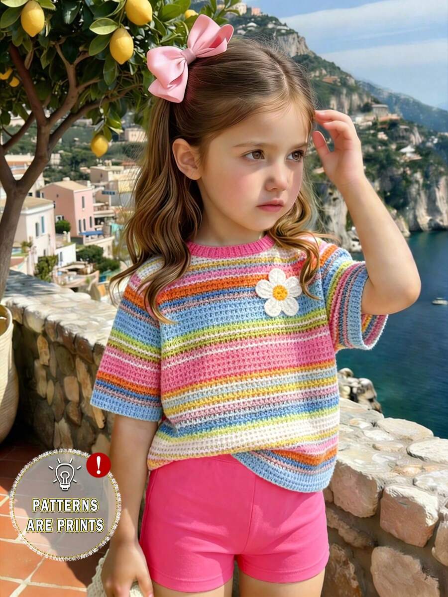 Spring And Summer Girls Casual Fashionable Creative Colorful Striped Floral Print T-Shirt And Bike Shorts Set, Comfortable Daily Wear - Multicolor - View 1