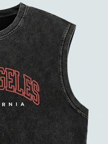 Modcrash Men's Washed Vintage Round Neck Basketball Style Tank Top - "Sports & Outdoor - Basketball Style-Los Anglels" - Black - View 3
