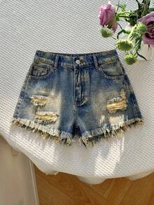 SHEIN Teenager Mädchen Y2K Frühling Sommer Leicht gewaschene Denim-Shorts mit niedriger Taille, ausgefranstem Saum und Rissen, Sommer Strand Boho Urlaubs Shorts, Konzert Festival Casual Rave, Brunch Abschluss Frühlingsfest König's Day Strand Abschluss Casual Schule - Mittele Waschung - Übersicht 8
