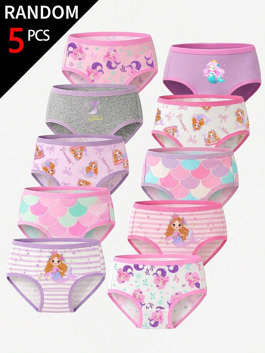SHEIN 5件組女童幼兒內褲 彈性腰帶三角內褲 四季全年穿著 多色粉色紫色灰色白色 可愛卡通美人魚鱗片與條紋印花 日常居家休閒穿著 柔軟透氣純棉親膚布料 高品質兒童衣櫥基本款 舒適彈性貼身 隨機組合盲盒多件裝 - 彩色 - 查看 1