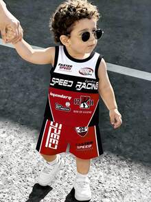 2pcs/Set Baby Boy Casual Chic Racing Car Logo Graphic Print Round Neck Tank Top And Matching Logo Shorts Set, Suitable For Summer Outings - Multicolor - View 4