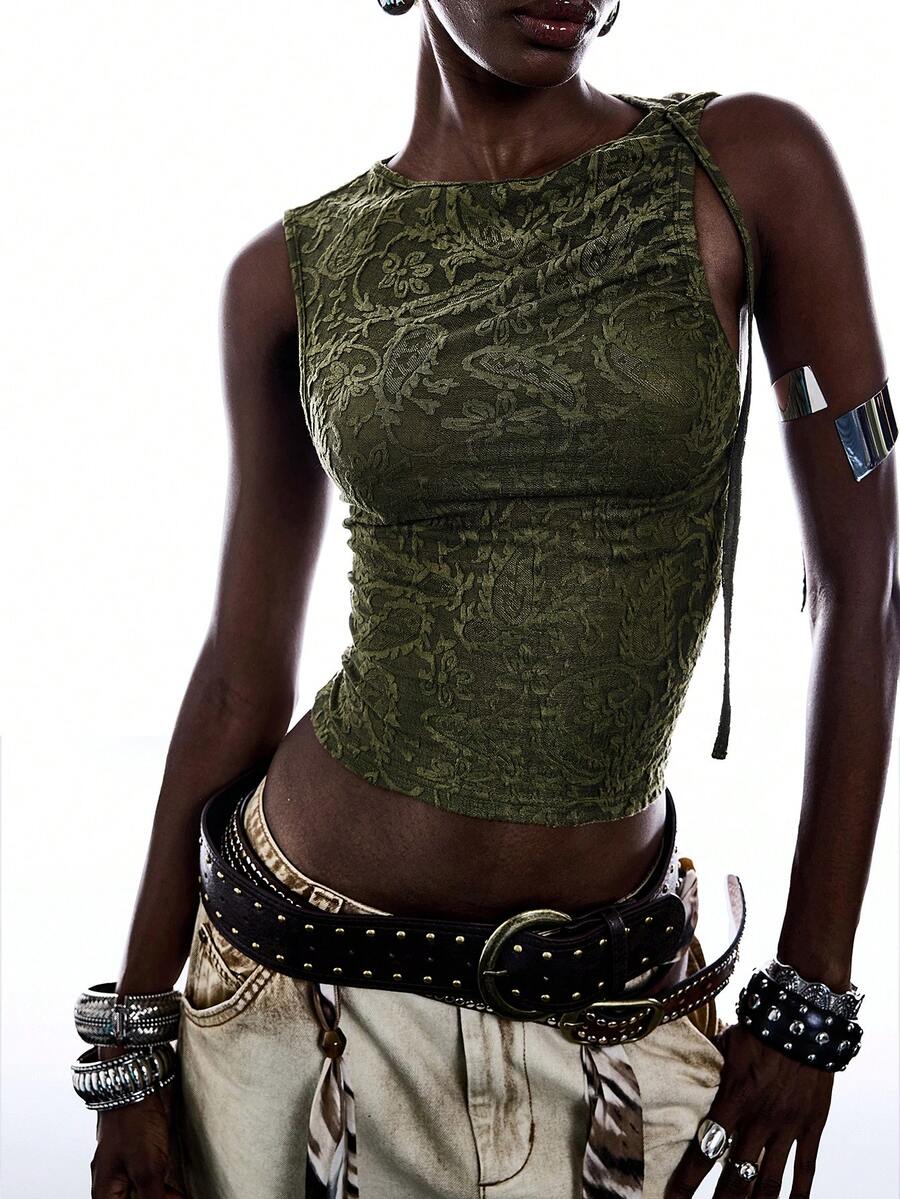 LYSMO Women's Cashew Pattern Sleeveless Crew Neck Fashion Top - Olive Green - View 1