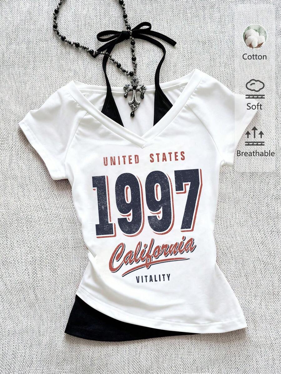 SHEIN Attitoon Áo thun nữ tay ngắn cổ chữ V buộc dây kiểu retro, phối màu tương phản, thích hợp cho mùa hè. - trắng - Xem 1