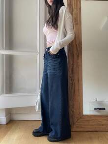DAZY Jeans de mezclilla lavada con dobladillo con volantes para mujer, estilo coreano casual y holgado - Azul - Ver 8