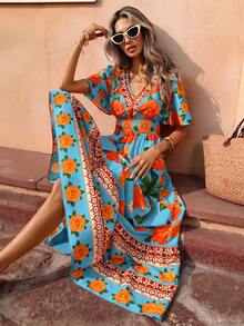 Flora Isola Flora Isola Women Bohemian Tropical Maxi Dress Spring Summer Blue Floral Print Multi-Color Elegant Romantic Light Luxury Outfit For Island Vacation Beach - Blue - View 4