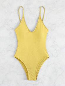 SHEIN Swim 女士纯色吊带连体泳衣，适合海滩度假、泳池派对、沙滩派对 - 黃色 - 查看 3