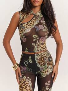 SHEIN BAE Solid Color & Floral Animal Print Elastic Mesh Sheer Sleeveless Slim Fit Top, Cute For Valentine's Day Party & Night Out, Spring/Summer,Summer - Brown - View 7