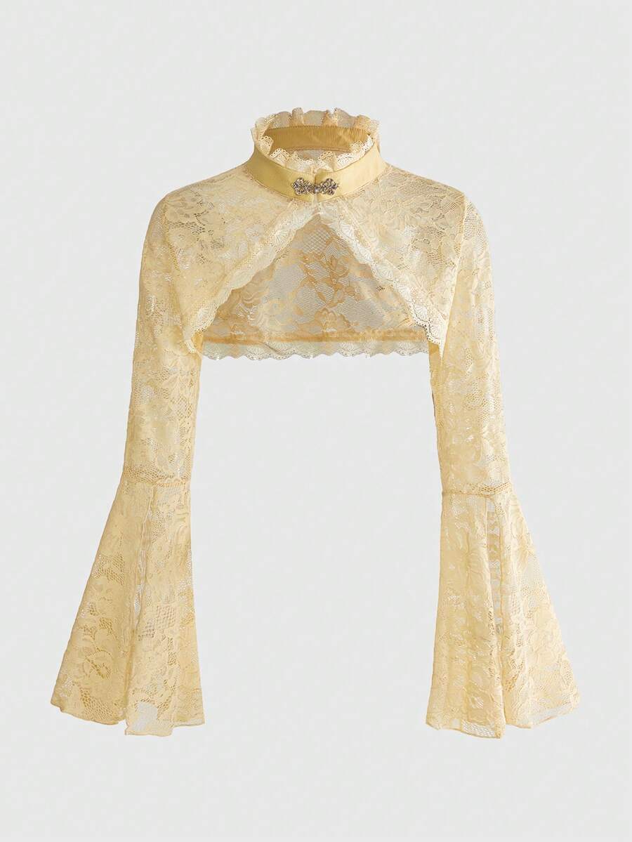 ROMWE Áo khoác cardigan ren tay loe xẻ tà đa năng phong cách Gothic dành cho nữ - Màu vàng - Xem 1