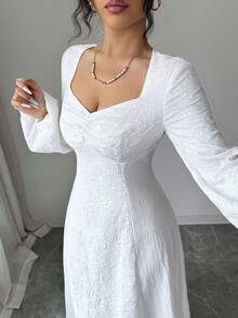 Modelyn White Autumn Elegant Date Dress For Women Square Neck Embroidered Fabric Patchwork Long Sleeve Cinched Waist Flared Midi Broderie Bride Filipiniana - White - View 4