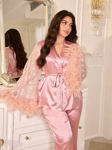 MuseNap CURVE Plus Size Satin Pajama Set, Cute Heart Lace Trim Fluffy Sleeve Splice Luxury Short Robe, Satin Pants Set - Pink - View 5