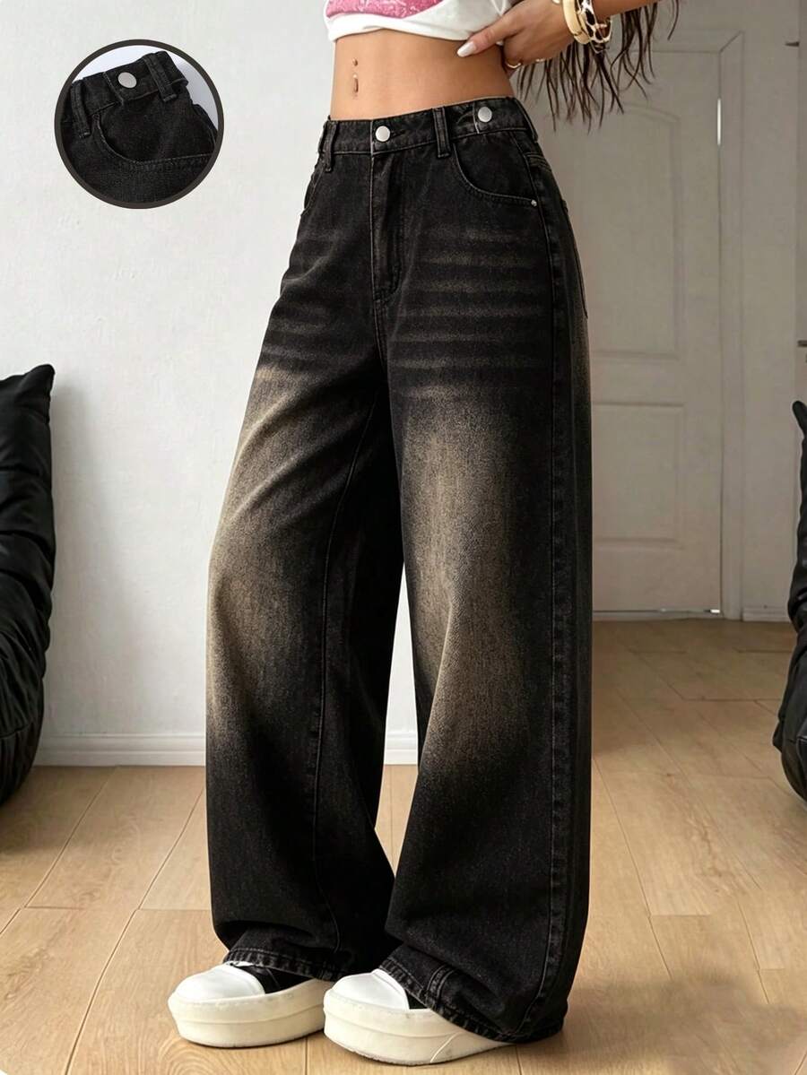 Quần jean denim dáng suông màu đen và xám dành cho nữ tuổi teen, đa năng, thời trang, thoải mái, phong cách retro, cạp chun, họa tiết râu mèo độc đáo. - Rửa trung bình - Xem 1