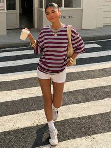 Muchica 95% Cotton Blue And White Stripe Women's T-Shirt,Summer Streetwear City Break Round Neck Loose Dropped Shoulder Mid-Length Top,Y2K Style Casual Wear - Multicolor - View 6