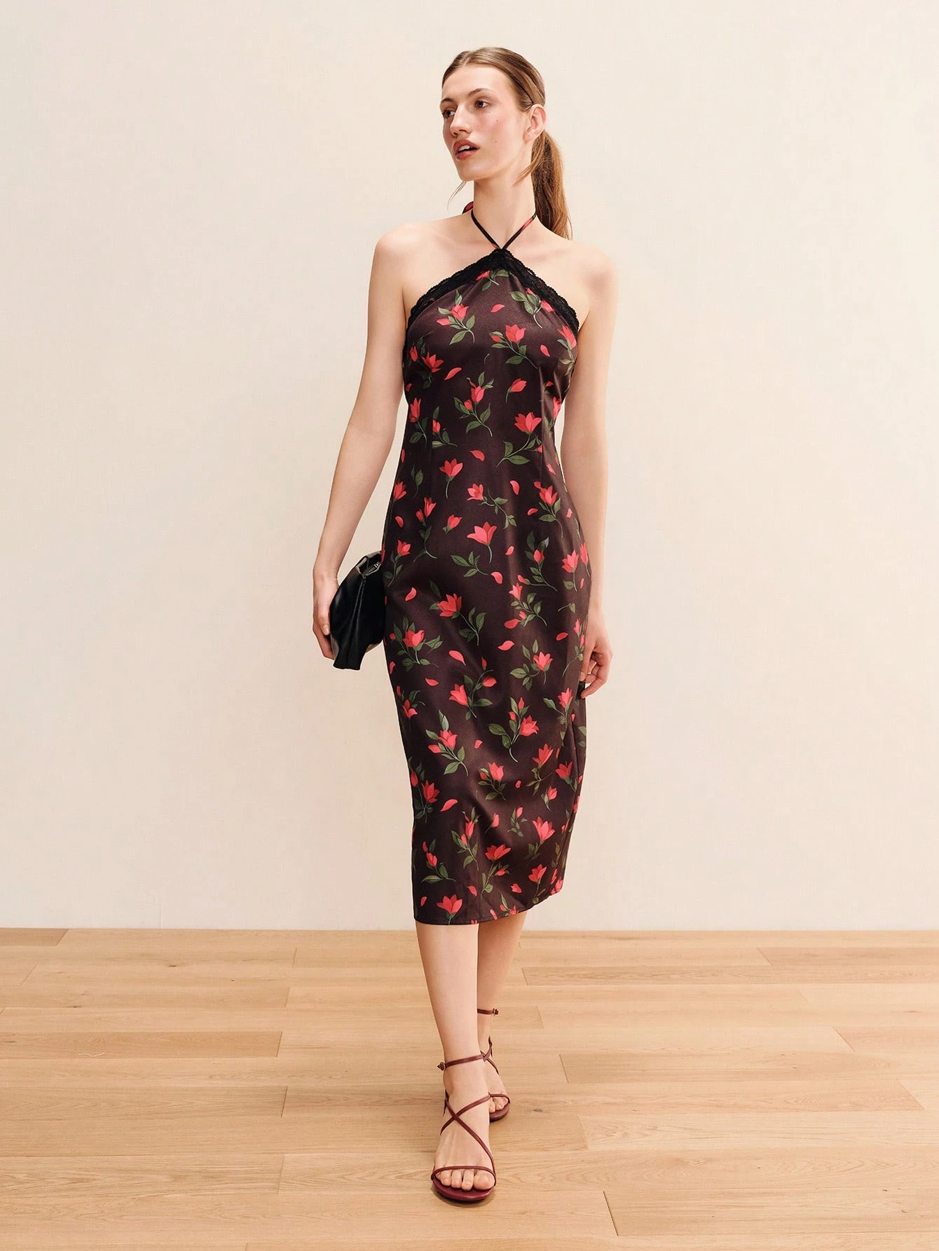 Black Floral Midi Dress With Lace Trimmed Halter Neck Spring Summer Elegant Feminine Black Dress Halter Neck Dress Holiday Dress French Style Dress Evening Dress