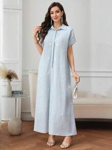 Al Najma Đầm nữ kiểu Ả Rập tay ngắn, dáng rộng, họa tiết trái tim đính sequin, thích hợp mặc hàng ngày đi làm, mùa hè. - Màu xanh lam - Xem 5