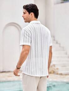 Mercer Haus Men's Jacquard Elastic Casual Shirt, Hollow Lattice, For Summer Vacation Beach Wear - White - View 2