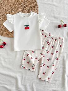 SHEIN Vintaside Kids Bộ áo thun ngắn tay cổ tròn + quần cho bé gái sơ sinh 0-9 tháng tuổi, kiểu dáng thường ngày, thoải mái, dễ thương, đa năng, phù hợp cho mùa hè, đồ mặc thoải mái cho bé gái sơ sinh, thích hợp cho mùa hè. - trắng - Xem 5