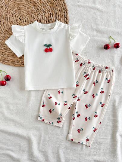 SHEIN Vintaside Kids Bộ áo thun ngắn tay cổ tròn + quần cho bé gái sơ sinh 0-9 tháng tuổi, kiểu dáng thường ngày, thoải mái, dễ thương, đa năng, phù hợp cho mùa hè, đồ mặc thoải mái cho bé gái sơ sinh, thích hợp cho mùa hè.