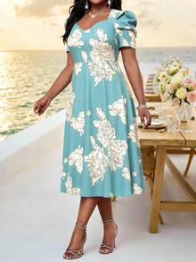 SHEIN Lady 大码优雅印花连衣裙，夏季 - 彩色 - 查看 5