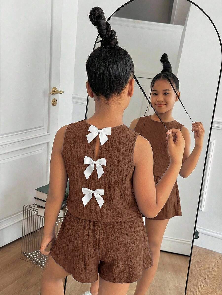 SHEIN 少女蝴蝶結背部裝飾背心與短褲套裝 - 棕色 - 查看 1