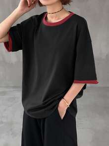 FRIFUL Women's Casual Loose Fit Colorblock Round Neck Short Sleeve T-Shirt, Versatile For Spring & Summer - Black - View 5